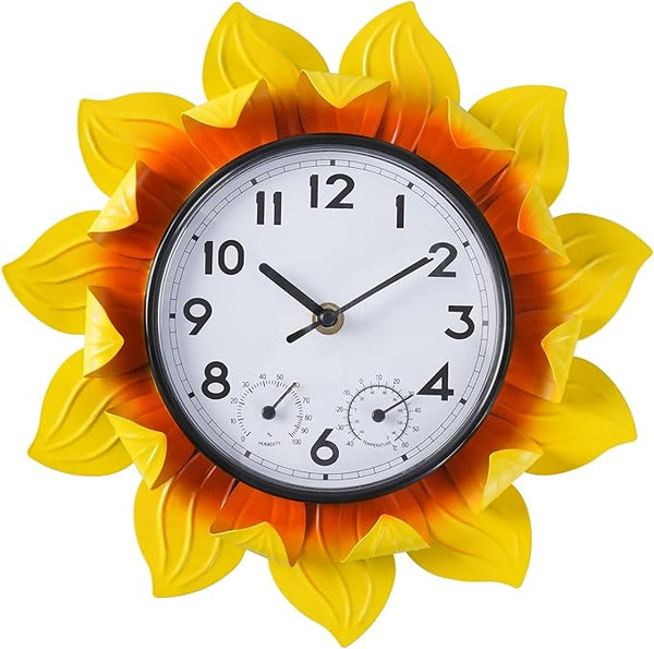 3D Metal Sunflower Wall-Mounted Outdoor Clock Thermometer and Hygrometer Combo,11 Inch Wall Clock Waterproof Quartz Clock Silent No-Ticking for Patio,Kitchen, Living Room,bedrooms,Garden