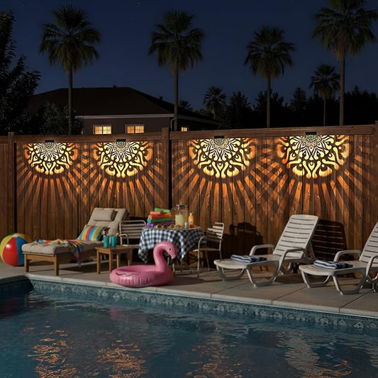 6 Pack Solar Fence Lights Outdoor Wall Lights Plastic Solar Powered Deck Step Stair Lights Mandala Theme Waterproof Fence Solar Light for Garden Post Patio Yard Decor, Gardening Gifts for Women Mom