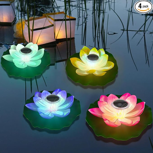 VIHOSE 4 Pcs 11 Inch Diwali Solar Pond Pool Light Floating Lotus Lamp Lily Pad Flower Pool Light Solar Floating for Pond Garden Decoration