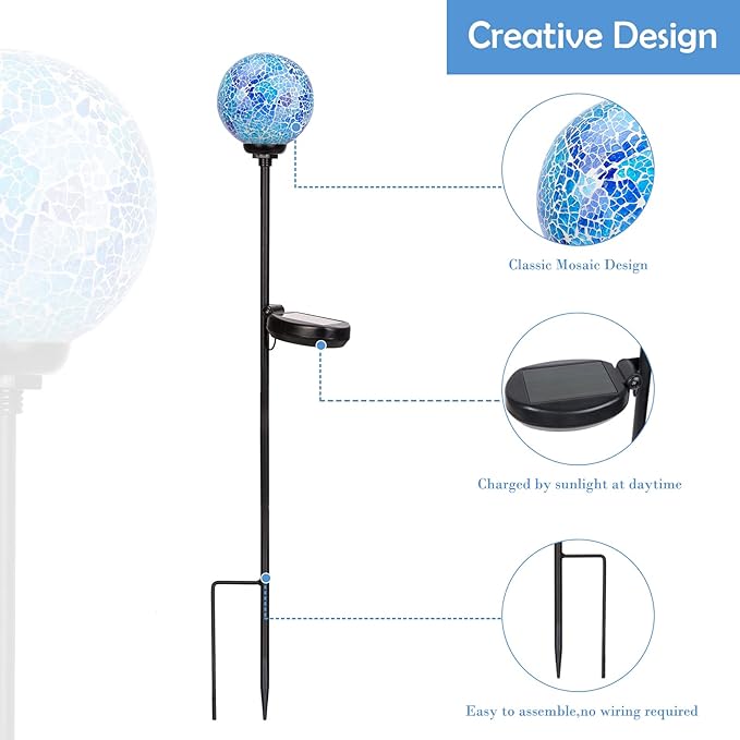 Afirst Solar Lights Outdoor Decorative Mosaic Gazing Ball Garden Stakes Decorative Lights Waterproof Glass Ball LED Pathway Stake Light for Pathway Yard Lawn Decoration Blue