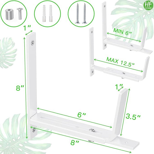 HFHOME 6 PCS Adjustable Planter Box Brackets (6 to 12.5 in), Universal Window Box Brackets, Heavy Duty Metal Flower Box Wall Mounting Hooks for Balcony, Fences, Patio, and Garden - White