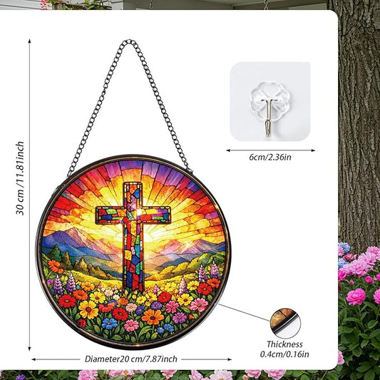 Rngmsi Stained Glass Window Hanging, 7.8″ Cross Christian Sun Catchers with Hook Indoor Window Decor, Decorative Suncatchers Hanging Ornaments Home Garden Art Gift for Housewarming