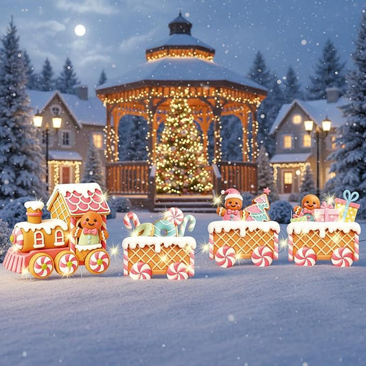 Marsui 4 Pcs Christmas Train Decoration Yard Sign with 4 LED Light Lawn Sign Christmas Pink Gingerbread Candy Gift Box Train Set with 8 Stake for Xmas Garden Outdoor Holiday Party Decor