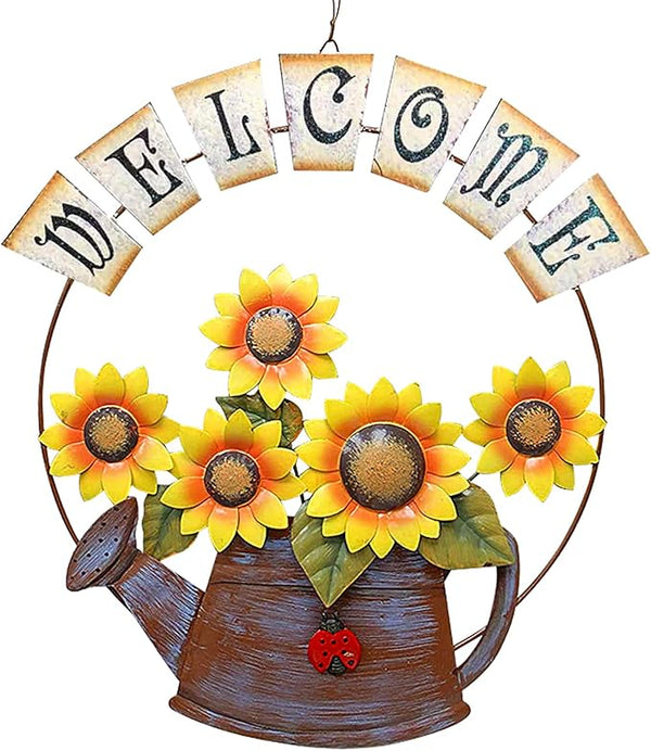 Welcome Sign Metal Hanging Sunflower Signs for Front Door Porch Wall - Rustic Decorative Door Hanger Indoor Outdoor Spring Decoration Wreath Decor (B)