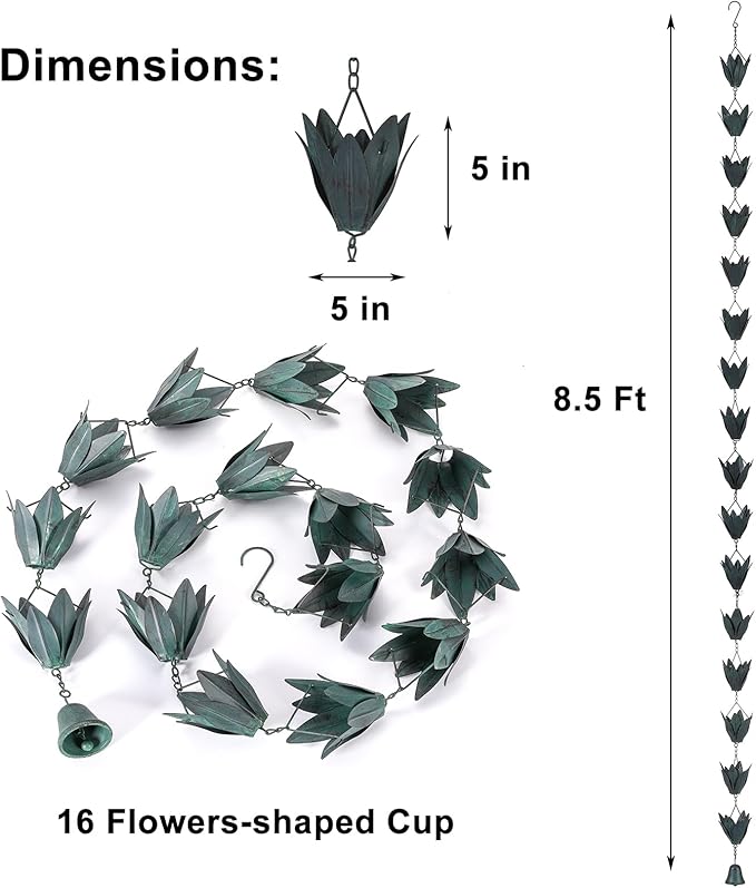 Rain Chains - 8.5 FT Rain Chains for Gutters Downspouts - Outside Leafy Flowers Cups Rain Chain - Antique Blue
