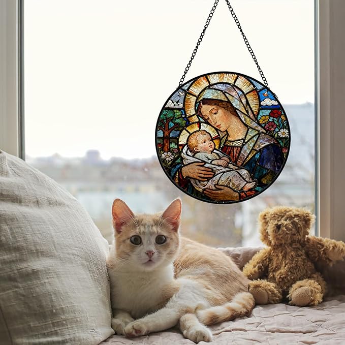Christian Virgin Mary Baby Jesus Stained Glass Window Hanging, Religious Jesus Suncatcher Indoor Window Glass Round Wall Art Decor, 7.9x7.9 Inch