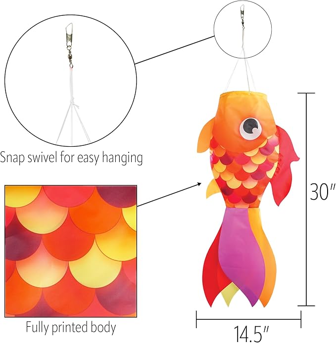 In the Breeze 5221 — 30-inch Hot Damsel Fish Windsock — Colorful Orange and Red Fishsock Hanging Garden Décor with Detailed Printed Graphics