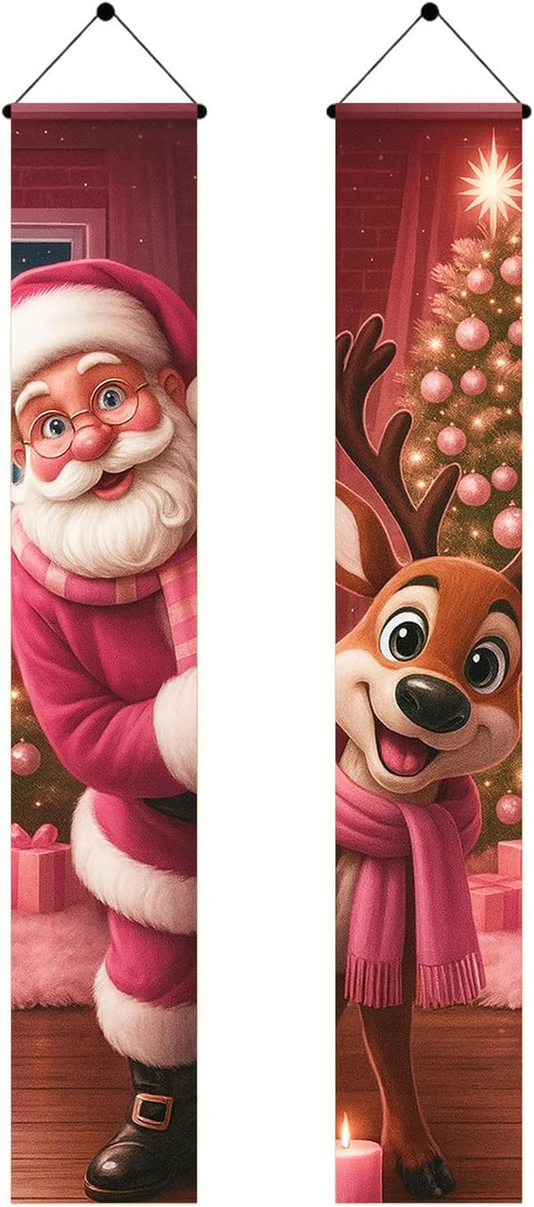 BlissYard Christmas Porch Banners 12x71 Inch Merry Christmas Banner Snowflakes Reindeer Pink Santa Door Cover Winter Holiday Banner Xmas Door Decor Welcome Hanging Signs for Front Door Porch Outdoor Home Party Decorations