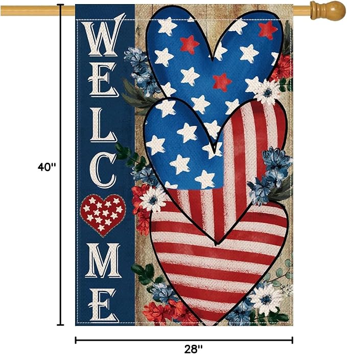 AVOIN colorlife Patriotic 4th of July Welcome House Flag 28x40 Inch Double Sided, Memorial Day American Stars and Stripes Love Heart Yard Outdoor Decoration