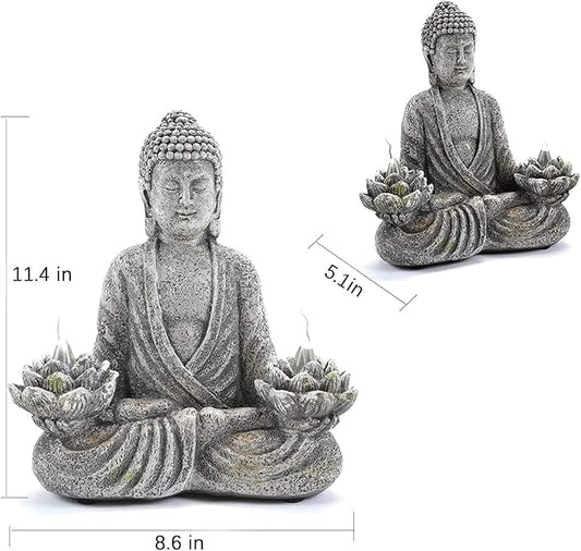 IVCOOLE Buddha Statue Zen Sculpture 11.4in Yoga Garden Decor with LED Solar Lotus Lights, Sitting Meditating Buddha Serene Resin Figurine for Patio Yard Lawn Ornaments,Inside or Outside