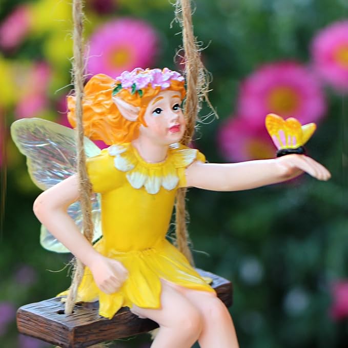 Fairy on a Swing Hanging Statue, Resin Flower Pendant Outdoor Decor Statue, Swing Fairy Ornaments for Yard Lawn Patio Balcony