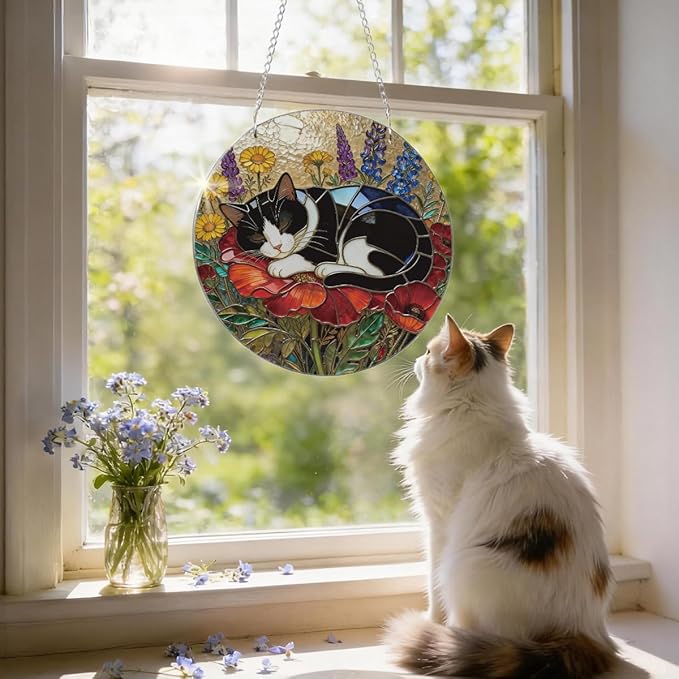 Cat Acrylic Suncatcher, Acrylic Suncatcher Window Hanging Decor, Hand-Painted Sun Catcher Garden Hangings, Cats Christmas Ornaments for Tree Hanging, Cat Lovers Gifts for Women