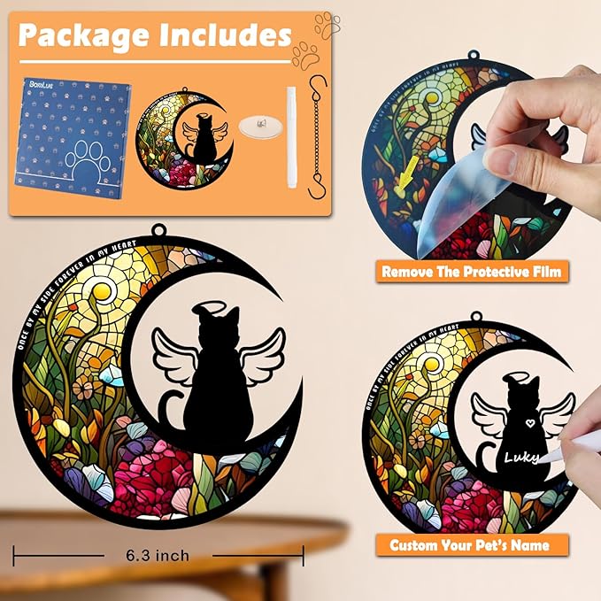 BamLue Cat Memorial Suncatcher for Windows Memorial Ornament, Pet Sympathy Gift to Memorialize The Loss, Angel Cat Sun Catchers with Personalized Decorations in Loving Memory for Loss