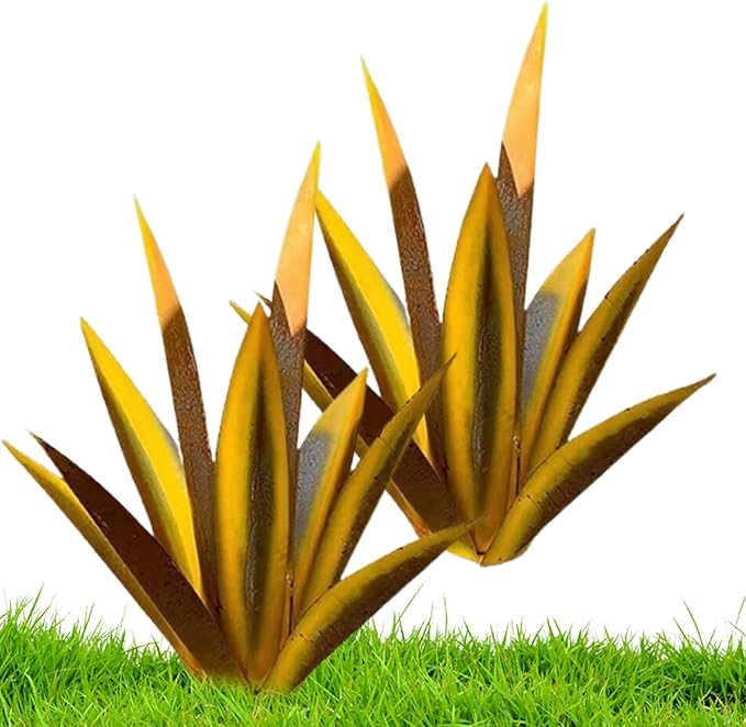 NIDONE Garden Tequila Decor, 2PCS DIY Metal Tequila Rustic Sculpture Metal Agave Yard Art for Outdoor Lawn Ornaments (Yellow)