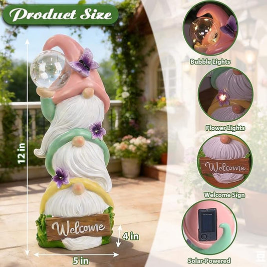 Garden Gnome Statues Solar Lights, Waterproof Outdoor 3 Stacked Spring Gnomes Sculptures Birthday Gifts for Women Grandma 12 Inch Welcome Sign Porch Decor