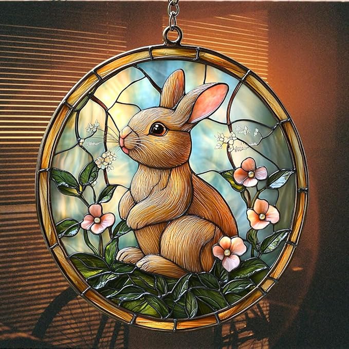 Earthy Tiffany Bunny Floral Art Acrylic Suncatcher Stained Glass Effect Window Car Hanging Christmas Ornament Indoor Outdoor Decor Garden Sun Catcher Panel for Easter Lover for Women Mom Grandma