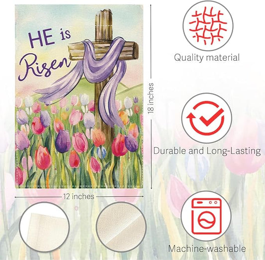 He Is Risen Easter Garden Flag Christian Cross Tulip Easter Garden Flag Decor Spring Double Sided House Flag for Outside Yard Decorations 12×18 Inch