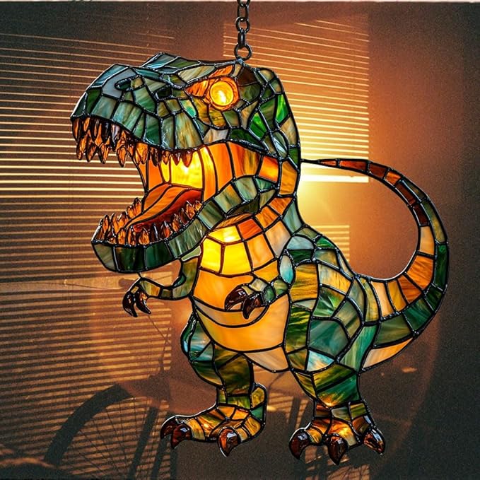 Cute Chibi T-rex Acrylic Suncatcher Stained Glass Effect Window Car Hanging Christmas Ornament Indoor Outdoor Decor Garden Sun Catcher Panel for Dinosaur Lover for Women Mom Grandma