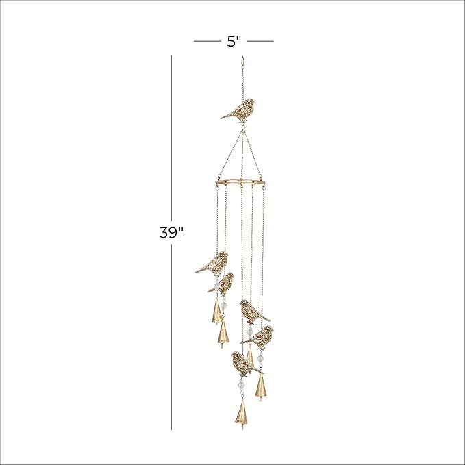 Deco 79 Metal Bird Indoor Outdoor Embellished Windchime with Glass Beads and Cone Bells, 5" x 5" x 39", Gold