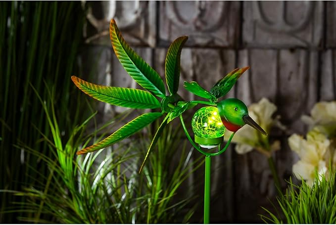 Evergreen Garden Beautiful Solar Hummingbird Wind Spinner Garden Stake - 13 x 12 x 37 Inches Fade and Weather Resistant Outdoor Decoration for Homes, Yards and Gardens