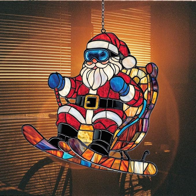 Funny Santa Claus Skiing Acrylic Suncatcher Stained Glass Effect Window Car Hanging Christmas Ornament Indoor Outdoor Decor Garden Sun Catcher Panel for Christmas Lover for Women Mom Grandma