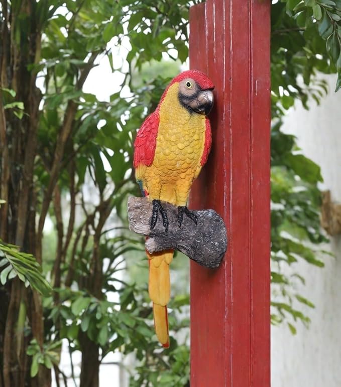 Tropical Parrot Statues Hanging Decor,13.6''(H) Wall Decor Parrot Sculpture for Home Porch Patio Door,Resin Scarlet Macaw Statue Outdoor Garden Yard Tree Art Ornaments