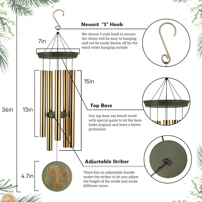 Wind Chimes for Outside, Outdoor Wind Chimes with Tree of Life Engraving, Garden Decor for Mom & Grandma, Deep Tone Metal Chimes for Yard, Home, Birthday Box Included