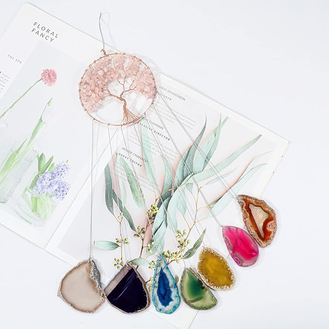 Yoption Rose Quartz Tree of Life Memorial Wind Chime, Natural Crystal Agate Slices Windchimes for Indoor Outdoor Decoration Ornament, 15.7-17.7 inch