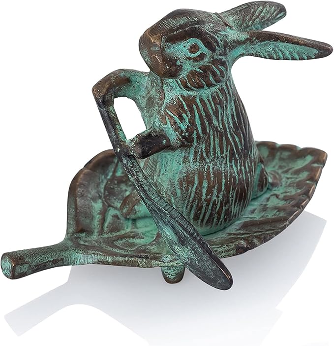 SPI Home 41044 Weathered Teal Grey Rowing Rabbit on Leaf 3 x 4 Aluminum and Iron Outdoor Garden Figurine Statue Sculpture