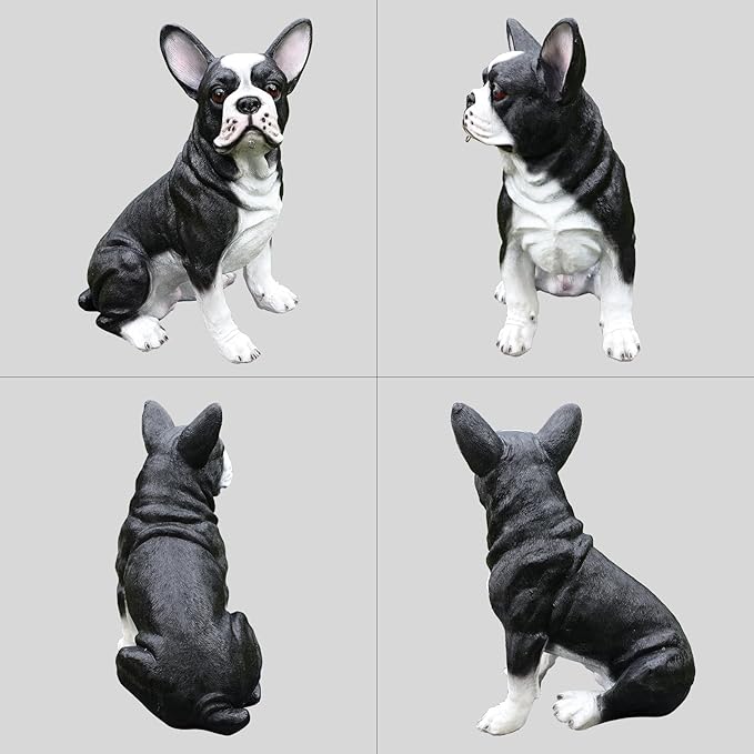 Outdoor Boston Terrier Dog Statue with Interchangeable Welcome Sign and Detachable Solar Lantern –LED Light Garden Dog Sculpture Décor Garden Statue Outdoor Dog Statue for Yard Gift