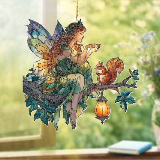 Fairy Ornament Acrylic Suncatcher – Stained Glass Style Fairy Sitting on Branch with Squirrel & Lantern, Fantasy Window Hanging Decor, Enchanted Forest Ornament, for Women (Sun-33)