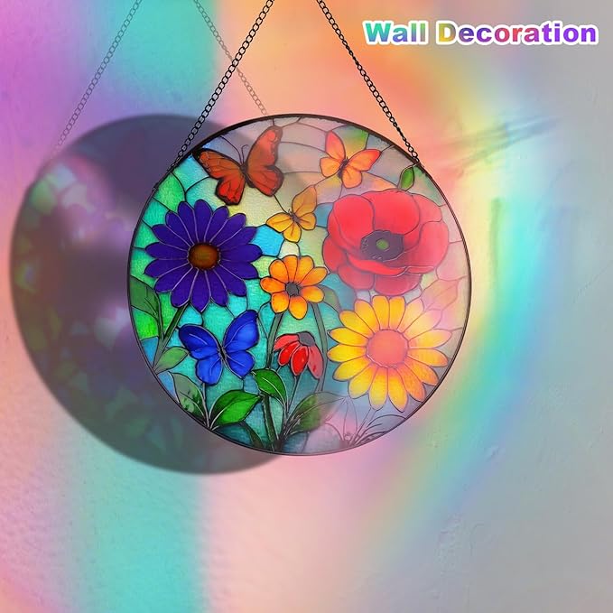 Wildflowers Stained Glass Window Hanging, Wildflowers Suncatcher for Indoor Window, Floral Stained Glass Decor for Garden, Home, Outdoor, Sun Catchers Birthday Gift for Women,Lovers and Mom 12 Inch