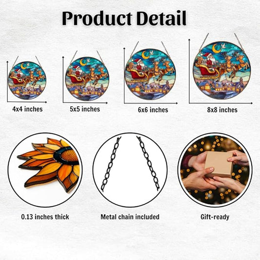 Santa Sleigh Christmas Mosaic Effect Acrylic Suncatcher Stained Glass Effect Window Car Hanging Christmas Ornament Indoor Outdoor Decor Garden Sun Catcher Panel for Women Mom Grandma