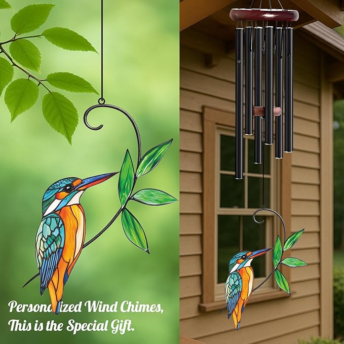 Personalized Metal Wind Chime Garden Sign, 40 Inch Outdoor Colorful Bird & Flower Memorial Decor, Yard Hanging Plaque for Patio Porch Lawn (JSTY371)