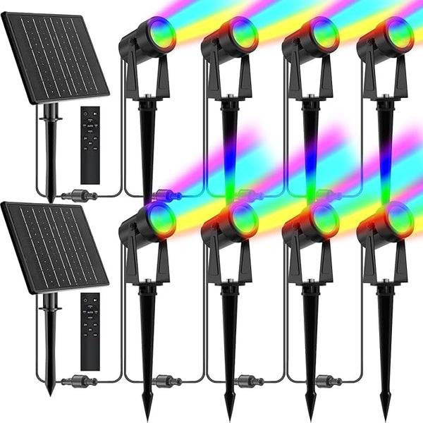 ZYAN Solar Color Changing RGB Spotlights with Remote, 12000mAh Separate Panels & USB-C Powered, Auto On Off, Outdoor IP65 Waterproof for Patio Yard Path (8 Pack)