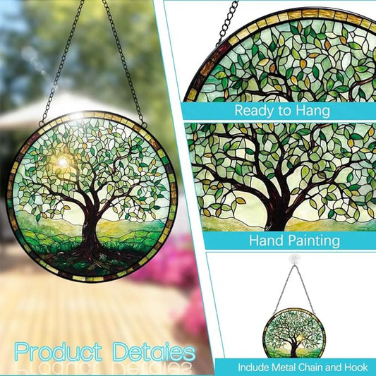 Mom Grandma Gift, Tree of Life Suncatcher, Stained Glass Window Hanging, Sun Catchers Indoor Window, Handmade Suncatchers for Windows Hanging, Spring Home Garden Decor Glass Panel