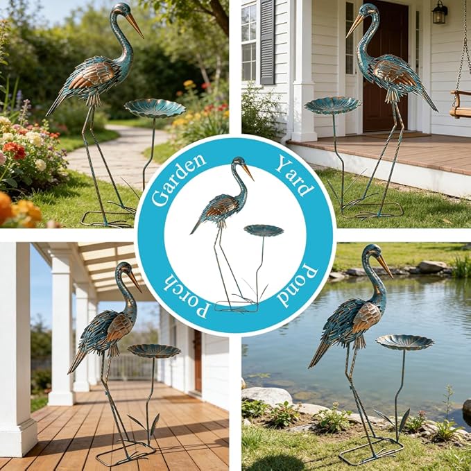 Metal Crane Garden Statue for Outside, Large Heron Outdoor Statues with Leaf Tray, Elegant Crane Yard Art Garden Decor for Garden Yard, Porch