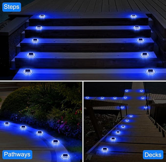Solar Deck Lights Dock Step Lights- 8 Packs Waterproof 1200mAh Auto ON/Off LED Solor Powered Stair Lighting for Outdoor Garden, Patio, Pathway, Walkway, Driveway (Blue)
