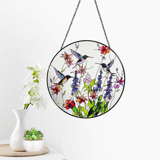 Hummingbirds and Wild Flowers Stained Glass Suncatcher, Handmade Window Hanging Wall Art with Chain, Real Glass Indoor Home Decor, Unique Sun Catcher Gift for Women, 7.8”