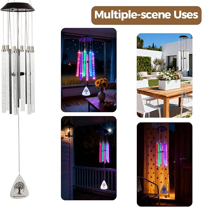 Solar Wind Chimes for Outside, 6 LED Tubes Auto-Color Changing, Birthday/Festival/White Elephant Gifts, 37” Outdoor Decor for Garden, Yard, Patio