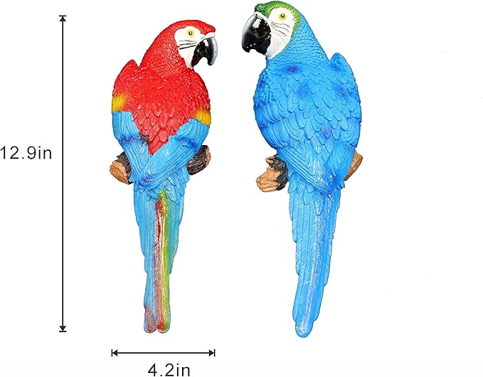 2 Pieces Fake Parrot Decor Artificial Parrot Decoration 12.5" Lifelike Large Resin Parrots Statue Tiki Bar Decorations Macaw Realistic Tropical Bird for Garden Patio Yard Lawn Tropical Tree Wall