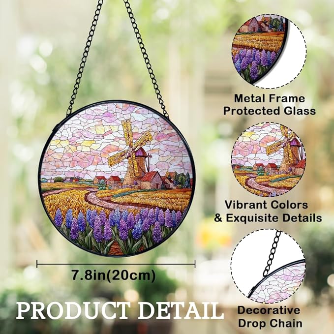 Wildflower Windmill Landscape Suncatchers Stained Glass Window Hanging, Cottagecore Flower Sun Catchers Indoor Window Glass Round Wall Decor, Floral Wall Hanging Decorations, 7.9x7.9in