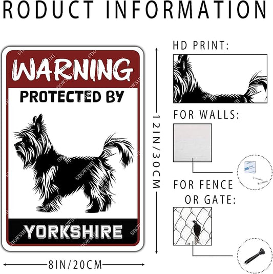 snowsun Warning Metal Signs Protected by Yorkshire Dog Tin Sign for Home Garden Yard Street Wall Decor 8×12 Inches