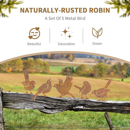 Geila 5PCS Rusty Birds Decoration, Fence Decorations Outdoor, Metal Birds Yard Decor Perfect Yard Art and Large Outdoor Ornaments (5PC)