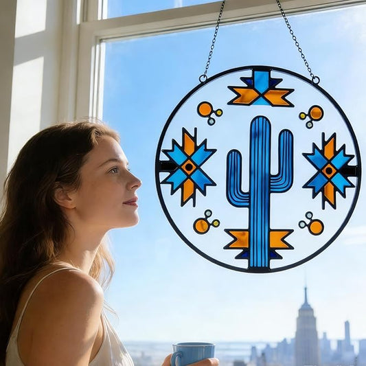 8" Sun Catcher Stained Glass Stained Glass Window hangings - Saguaro Cactus Navajo Geometric Design - Southwest Desert Style Decor for Home & Porch
