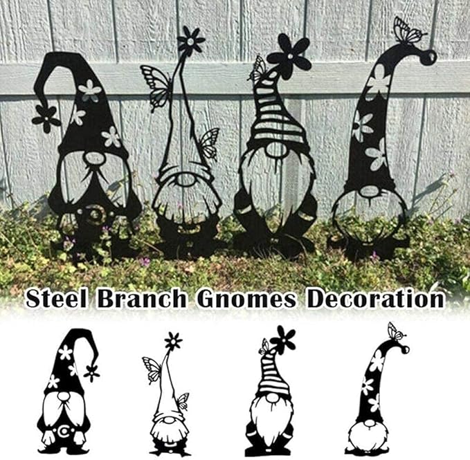 Headerbs Garden Silhouette Gnomes, Handmade Black Premium Iron Garden Metal Statues Standing Silhouette Decorations for Yard Metal Yard Art (C)
