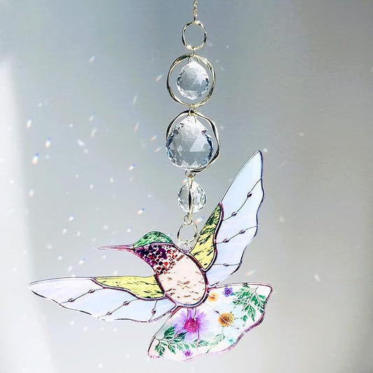 Green Acrylic Hummingbird Flowers Garden Suncatcher Christmas Tree Decorations Window Hanging Ornaments Crystal Prism Rainbow Maker Sun Catcher Gifts for Mom Grandma Sister Bird Lovers