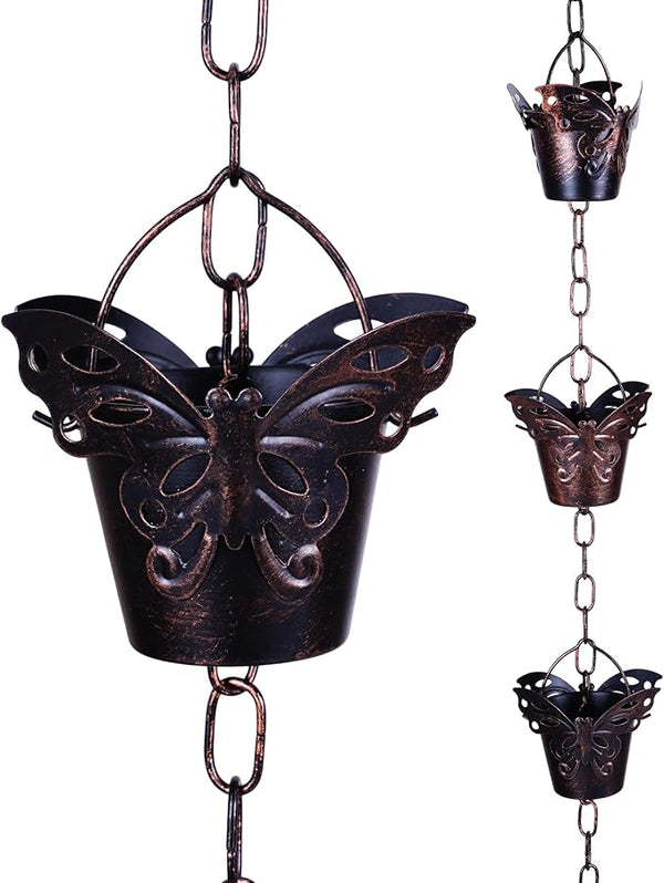Topadorn 8.5FT Butterfly Rain Chain, Rain Chains for Gutters with 12 Cups, Adjustable Rain Catcher Chain with Bell for Eaves Drainage, Rain Collector for Enhanced Outside Yard Appeal