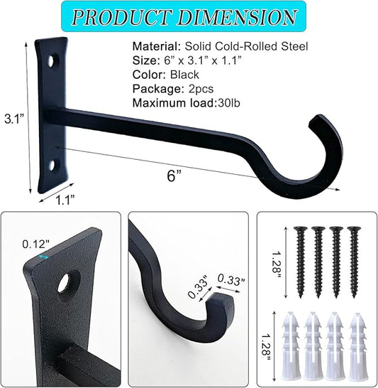 QIEGL 6inch Heavy Duty Hanging Plant Brackets 2pcs Bird Feeder Hanger Decorative Hooks Outdoor or Indoor Plant Hangers Shepherd Hooks Black Metal Wall Hook for Lantern, Flower Basket, Wind Chimes