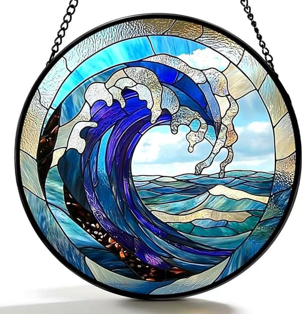 Stained Glass Window Hanging - Huge Waves and Turbulent Seas 6.3 Inches Suncatcher for Garden Home Decor for Women Mon Grandma Friends